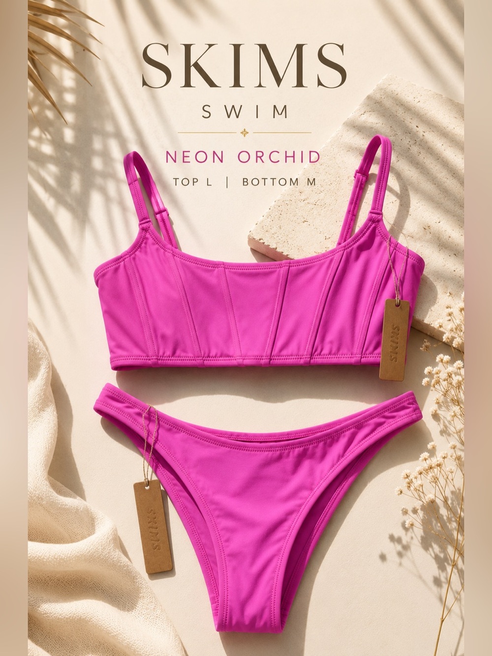 SKIMS Swim Neon Orchid Corset Bikini Top L & Cheeky Tanga Bottom M NWT
